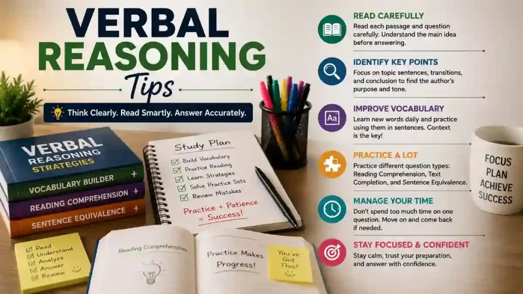 Verbal reasoning tips infographic with vocabulary, reading, and practice strategies.
