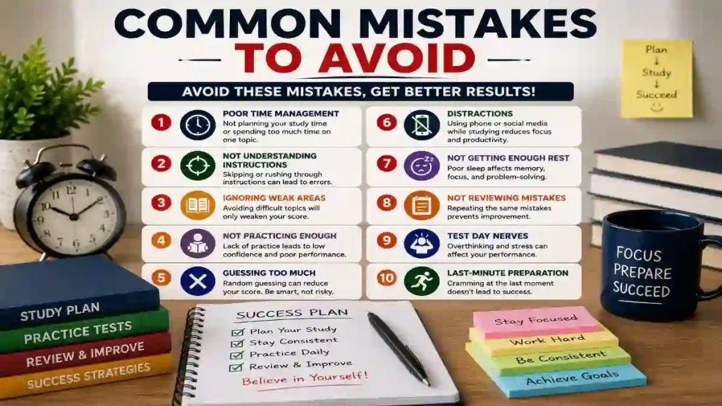 Common study mistakes infographic with tips to improve test preparation.