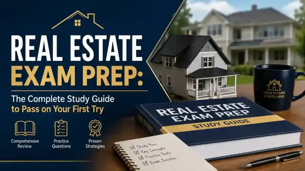 Real estate exam prep study guide with model house and book.