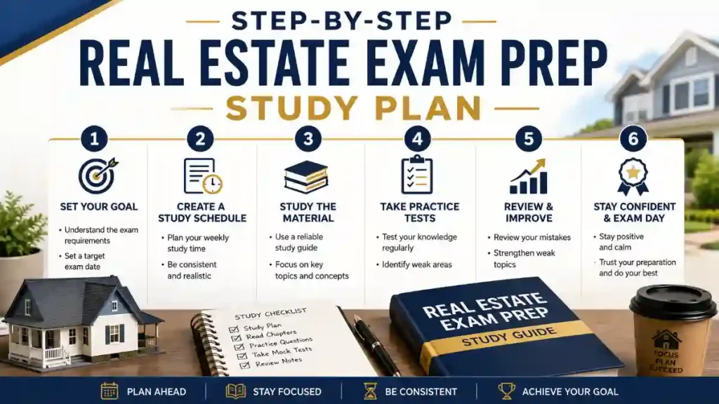 Step-by-step real estate exam study plan infographic with study guide, checklist, and model house.