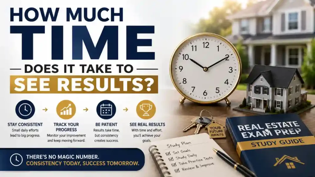 Real estate exam study timeline infographic with clock, study guide, and model house.