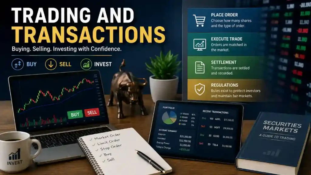 Trading and Transactions infographic showing stock trading charts, buy and sell orders, and investment concepts.