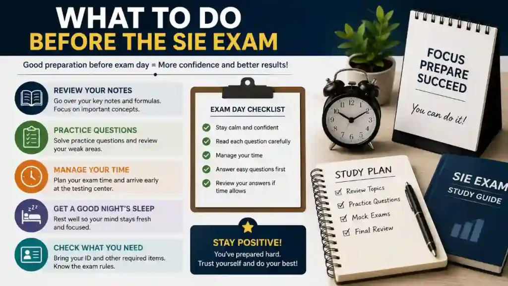 SIE exam preparation infographic with study checklist, practice questions, time management, and exam day tips.