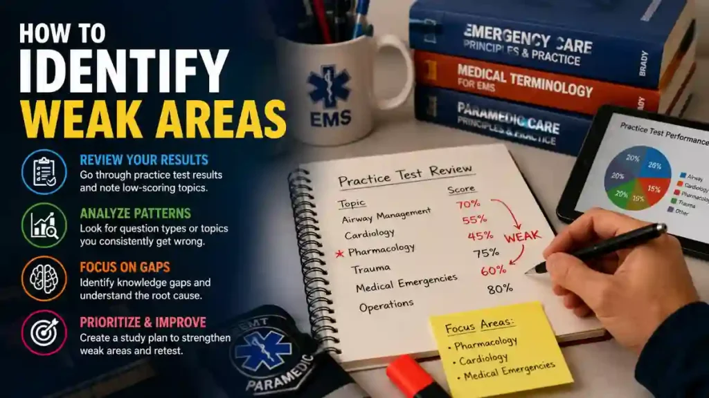 Student reviewing practice test results to identify weak NREMT exam topics.