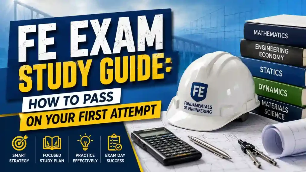 FE Exam Study Guide with engineering books, calculator, helmet, and study materials