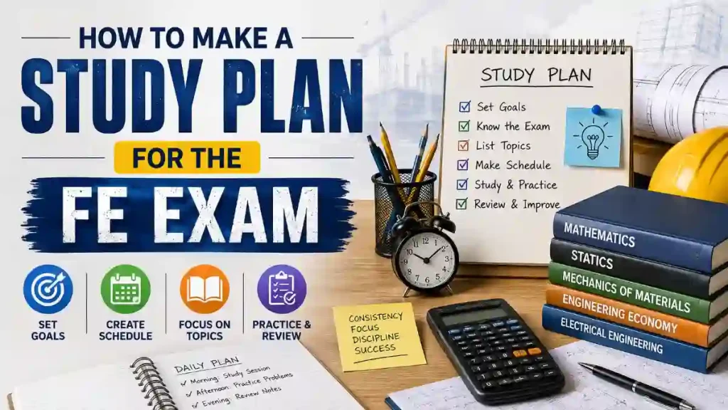 FE Exam study plan with checklist, books, calculator, clock, and engineering study materials.