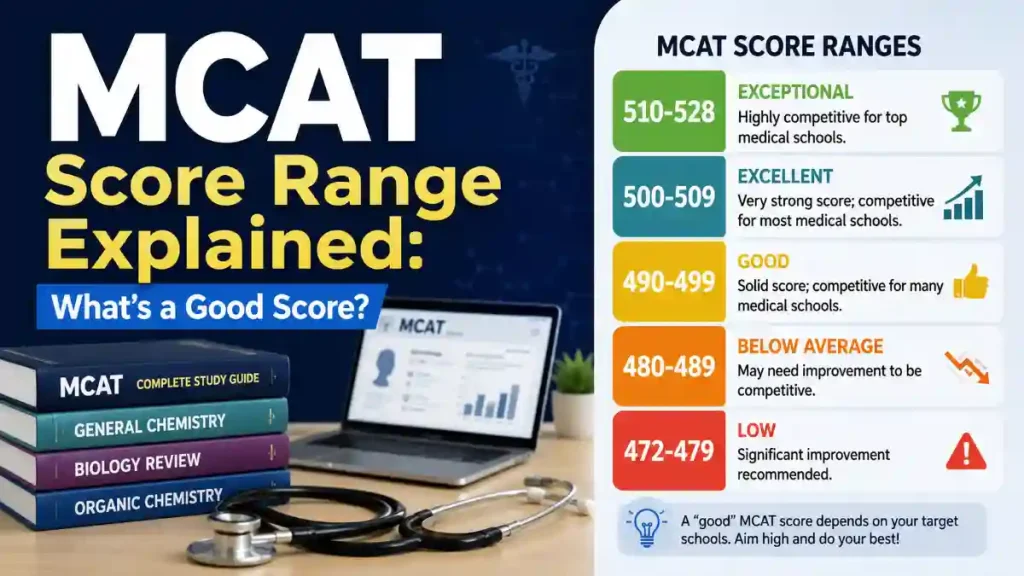 MCAT score range chart explaining what is considered a good score for medical school admission.
