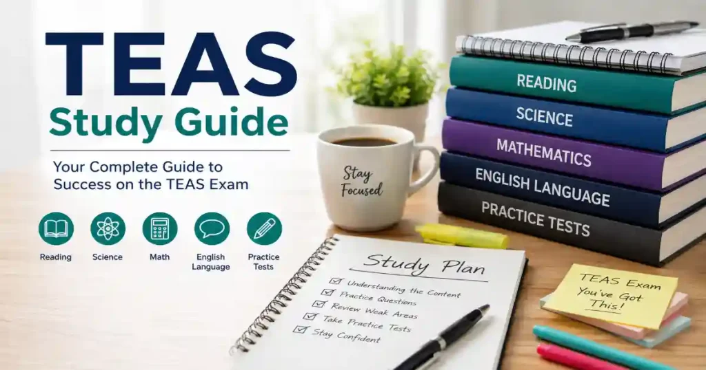 TEAS Study Guide for nursing students with books and study materials