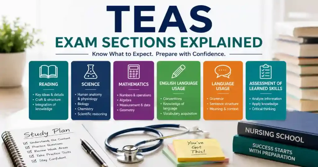 TEAS exam sections explained including Reading, Science, Mathematics, and English