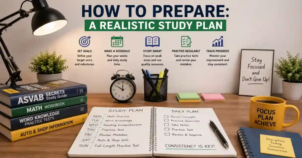 Realistic ASVAB study plan with daily schedule, practice tests, and progress tracking