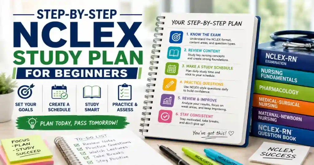 Step-by-step NCLEX study plan for beginners with nursing study materials